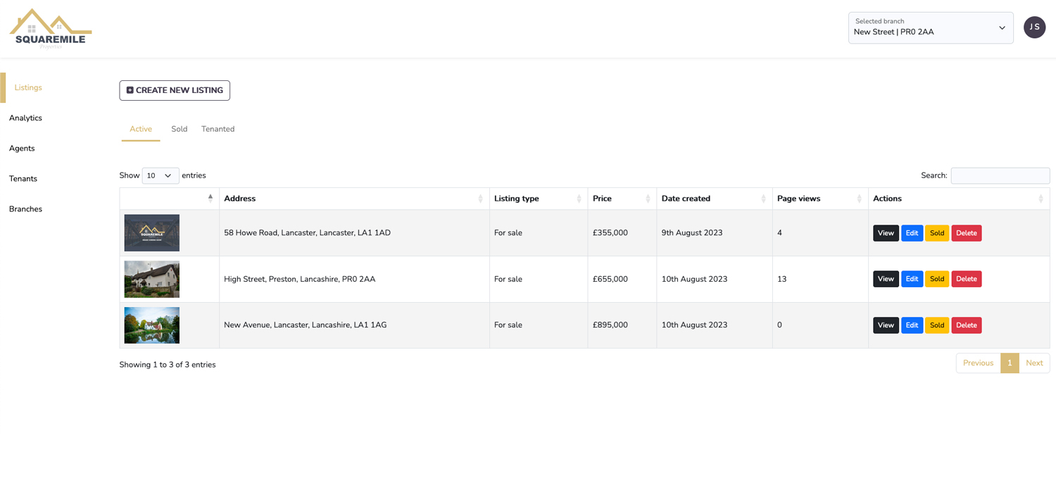 Active listings dashboard